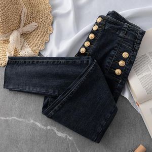 Jeans Gold Bastted High Waist Lápis Ponta de lápis feminino 2022 Spring Novo jeans fino