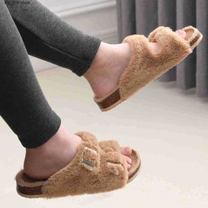 Women Comwarm Fashion Plush Clogs Indoor Fluffy Fur Slippers Female Cork Insole Flip Flops With Arch Support H f