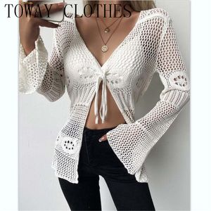 レディースニットTEES VNECK RIBKNIT BELL SLEEVE TIE FROUT HOLLOW OUT Cardigan Chic Seater for Women 230828