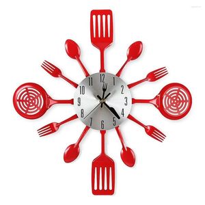Wall Clocks 16 Inch Kitchen With Spoons And Forks 3D Tableware Clock Room (Red)