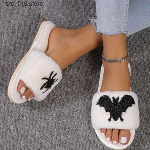 Slippers Fashion Bat Spider Design Home Women Slippers Solid Color Open Toe Indoor 2023 Winter Flat Non-slip Leisure Interior Female Shoe T230828