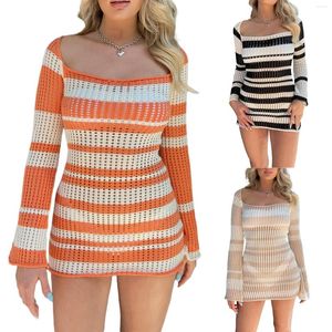 Casual Dresses Women's Summer Knit Slim Dress Stripe Print Long Sleeve Square-Neck Crochet Eyelet Hollow Out Short