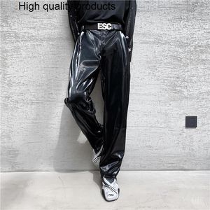 Erkekler Pantolon 2023 İngiliz Tarzı Net Trend Kişilik Sokak Giyim Parlak Pu Deri Pantolon Yan Sıkı Bel Gevşek Sıradan S-2XL