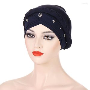 Ethnic Clothing Women Turban With Beads Braided Pullover Cap Cross Front Muslim Hijab Hat Solid Color Accessories Breathable