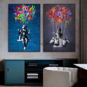VENTURE Graffiti Canvas Painting Child on Hot Air Balloon Posters and Prints Abstract Wall Art Murale for Living Room Home Decor HKD230829