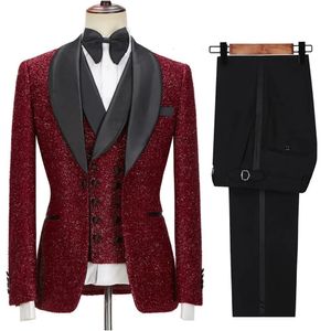 Men s Suits Blazers Dark Red Sequined Men Shawl Lapel Wedding Tuxedos Groom Wear Slim Fit Custom Made Prom Party Blazer Coat Vest Pant 3 Pcs 230828