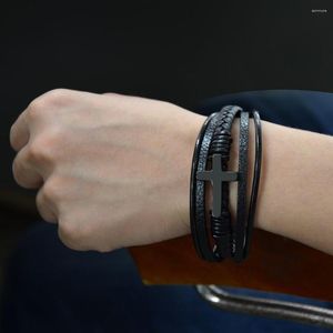 Charm Bracelets Multicolor Cross Design Stainless Steel Men's Leather Bracelet 19/21/23cm Hand Made Magnet Buckle Gift