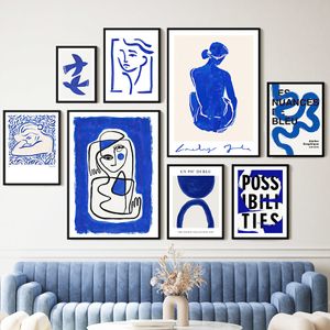 Paintings Wall Art Print Canvas Pictures Blue Girl Body s Line Minimalist Abstract Living Room Home Decoration Painting Poster Salon 230828