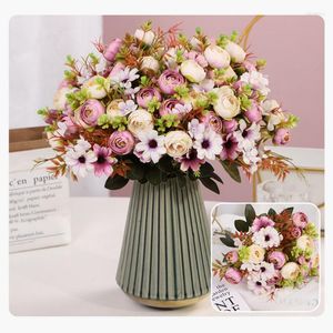 Decorative Flowers Silk Peony Artificial Rose Tea Bud Wedding Table Party Home DIY Decor Bouquet Craft White Fake Flower