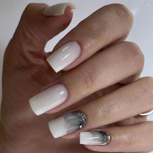 False Nails Long Square Head French Colorful Lines And Flowers Fake Full Cover Press On Waterproof Nail Tips 24Pcs