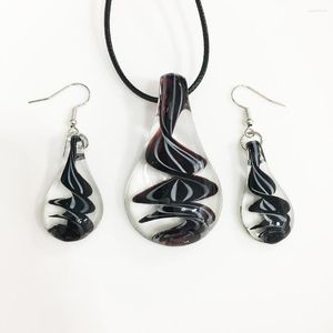 Necklace Earrings Set 1Set Water Droplets Colored Glaze Glass Murano Black Pendant Jewelry Whirlwind Pattern Ribbons Chinese Style