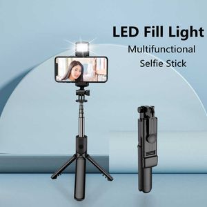 Ny 3 i 1 Wireless Selfie TripoD med Fill Light Bluetooth Shutter Remote Control Portable Foldble Monopod för smarttelefon HKD230828