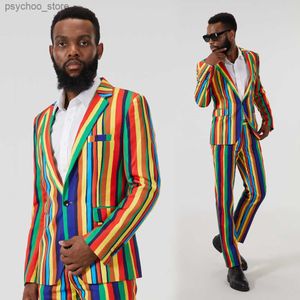 Mężczyźni garnitury Tuxedo Groom Wear Wedding Come Homme 2pcs Slim Fit Terno Masculino Blazer Kurtka+Pant Colorful Striped Rainbow Suit Q230828