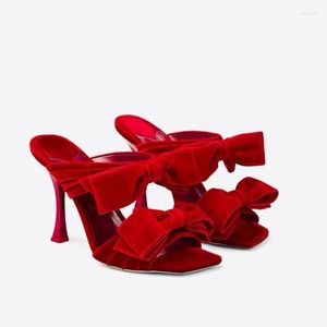 Slippers Red Cashmere Pleated Sexy Outdoor Women's Fashion Square Head Bow Super High Heels Sandals Solid Color Large Size 35-43