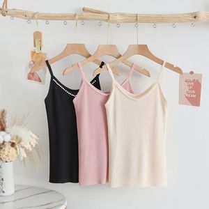 Women's Tanks YEMOGGY Elegant Ice Silk Knit Strap For Women Summer Camisole 2023 Camis Wear Fashion Pearl Sleeveless Solid Slim Tops
