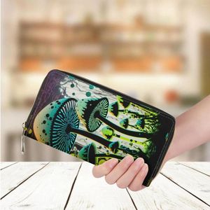 Plånböcker pu läder plånbok för damer lysande skog svamp mönster tryck lång pengar väska avslappnad affärshållare handväska