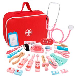 Ferramentas Oficina Médico Brinquedos para Crianças Conjuntos Crianças De Madeira Pretend Play Kit Jogos Meninas Meninos Vermelho Dentista Caixa de Medicina Sacos de Pano 230830