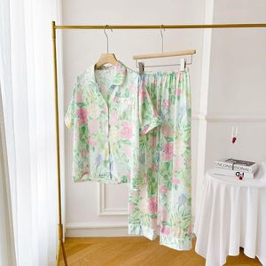 Pijamas femininos seda gelo casa roupas de noite camisa calça terno de dormir impressão de tinta flores pijamas conjunto lounge 2 pçs homewear