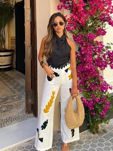 Women's Pants Plants Embroidery Wide Leg Women Autumn White Linen Cotton Long Boho Trousers Pantalones De Mujer