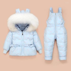 Down Coat Toddler Girl Winter Snowsuit Hooded Fur Collar Jacket Overalls Printing Clothes Infant Snow Suit Baby Wear Set