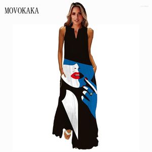 Casual Dresses Movokaka Ladies Spring Summer Long Dress Women Black ärmlös V-ringning Slim Elegant Face Print Vintage Maxi