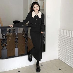 Zweiteiliges Kleid UNXX 2 Set Elegant Chic Retro Cord Kontrastfarbe Langarm Puppenkragen Jacke Koreanische Mode Rock Tweed Sets