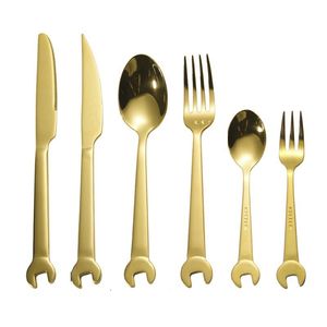 6PCS Gold Wrench Tableware Fork Spoon Gift Fruit Dessrt Salad Forks Home Kitchen Stainless Steel Cutlery