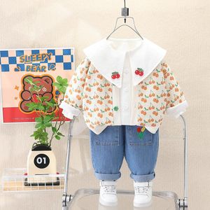 Clothing Sets Spring And Autumn Baby Cherry Print Long Sleeve Knitted Set Girls' Polo Neck Shirt Pants Three Piece Simple Sportsw