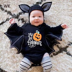 Rompers Halloween Baby Jumpsuit Pumpkin Head Skull Bones Infant Costume Bat Romper Long Sleeve Round Neck Button Suit 2Pcs Clothes Set 230830