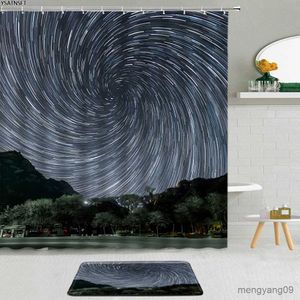 Tende da doccia Fantasia Colorato Cielo stellato Paesaggio Tenda da doccia Luna Fiore viola Albero Bagno Tappetino da bagno antiscivolo Tende Set Decor R230830