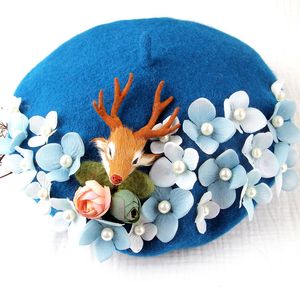 Berets маленький оленя Beret Hat милая девочка зимняя повседневная мода цветочный художник -карта