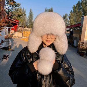 Cappellino invernale da donna con vera pelliccia di volpe blu, completamente coperto, berretto da sci russo con paraorecchie