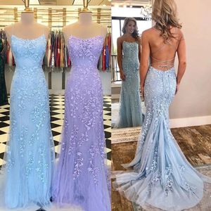 Sjöjungfrun spaghetti rems prom klänning backless maxi prom klänning för kvinnor med tyllspets applikationer formella kvällsfestklänningar vestidos de novia