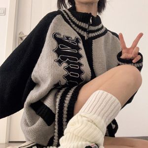 Women s Jackets Deeptown Streetwear Y2k Zip Sweater Cardigan Women Retro Grey Striped Patchwork Oversize Letter Jumper Korean Style Knitted Top 230830