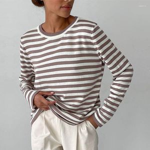 Suéter feminino k 2023 outono inverno o pescoço manga comprida listrado tops de malha para senhoras moda solta chique suéter