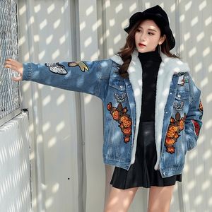 Women's Jackets Embroidery Denim Jacket Winter Womens and Coats Butterfly Tiger Floral Turn Down Collar Single Breasted Warm Women Coat 230829