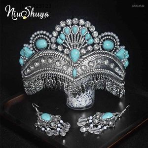 Hair Clips NiuShuya Style Green Turquoise Wedding Party Dance Crown Accessories