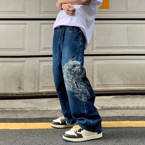 Мужские джинсы ретро уличная одежда дракона вышивая, прямые мешковатые брюки Джинсы Мужчины Harajuku Trend Blouss широкие ноги свободные негабаритные хип -хоп 230829