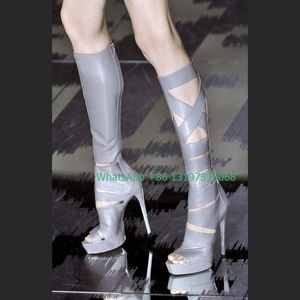 Klänningskor Lady Gray Pu Leather Knee Hollow Boots Platform Stiletto Heel Shoes Pee Toe Back Zip Sandals Summer Dress Footwear Storlek 230829