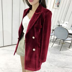 Damenjacken Damen Büro Samt Zweireiher Anzug Mantel Frühling Elegant Weinrot Freizeitjacke Mode 2023 Weiblich Slim Fit Business