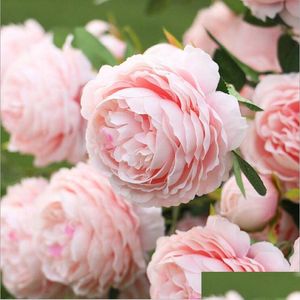 Decorative Flowers Wreaths 3 Heads Artificial Peony Bouquet Silk Bridal Fall Vivid Fake Rose For Wedding Home Party Decor Drop Del Ot51Y