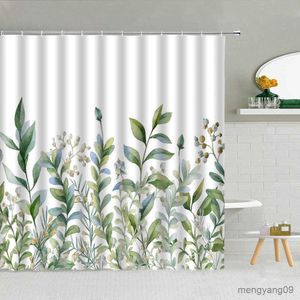 Shower Curtains Flowers Watercolor Shower Curtain Green Leaf Butterfly Bathroom Supplies Home Decor Fabric Curtains Washable Set R230830