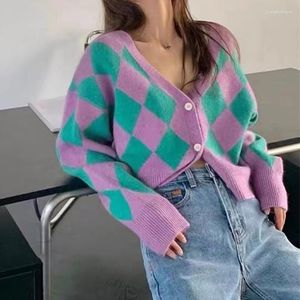 Women's Knits Fashion Single Breasted Knitted Cardigan Casual Argyle Office Sweater Coat Autumn Winter V-neck Long Sleeve 28702