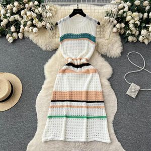 Casual Dresses Summer Fashion High Quality Hollow Out Knitted Women Sleeveless O-neck Striped Patchwork Sweater Dress Vestidos