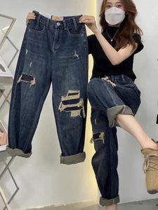 Jeans femininos cintura alta rasgado feminino verão fino 2023 tamanho grande gordura mm harlan papai calças maré