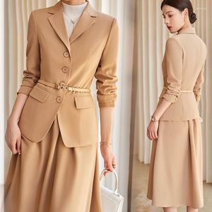 Tvådelt klänning Lång kjol Work Wear 2-Piece Spring High Quality Korean Coat Female Womens Office Ladies Blazer Set (utan bälte)