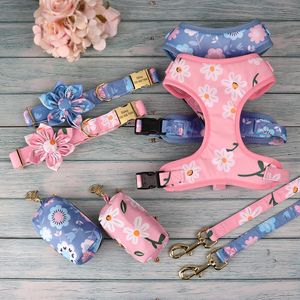 Dog Collars Leashes Dog Collar Leash Harness Set with Poo Poop Bag Holder Floral Print Custom Pet Collar Vest 150cm Leashes