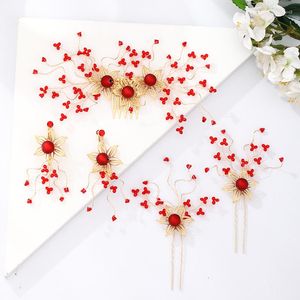 Hair Clips Flower Comb Bridesmaid Red Crystal Clip Earring Set Bridal Hairpin Wedding Jewelry For Women Party Hairband Gift