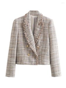 Kurtki damskie jesień i kurtka zimowa podwójna piersi Tweed Check Blazer Płaszcz Vintage Long Rleeve Pockets żeńska odzież wierzchnia