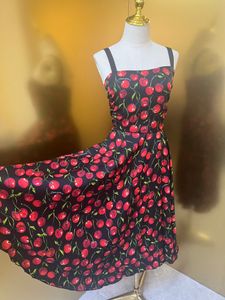 Womens dress European fashion brand sleeveless gathered waist black cherry printed silk dress